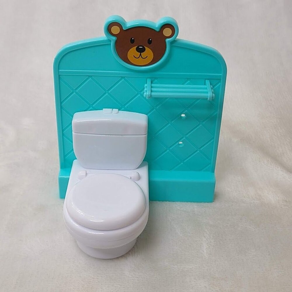 Pretty Dollhouse Luxury Villa Bathroom Toilet Set Aqua Wall Panel Bear Theme - Picture 2 of 8